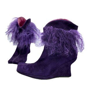 37.5 6.5 90s  Purple Suede Wedge Boots Mongolian Fur Trim Goth  PsychoBilly